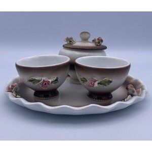 Capodimonte Tea Cups and Sugar on plate - Pink Rose Made in Italy Small